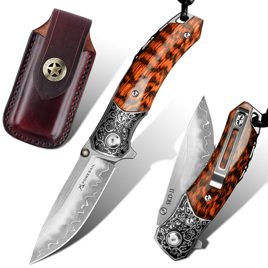FORESAIL Flipper Pocket Folding Knife,SKD11 Steel Blade and Wood Handle. With leather case,men's pocket knife hiking trip EDC tool Knife. (SnakeWood Handle)