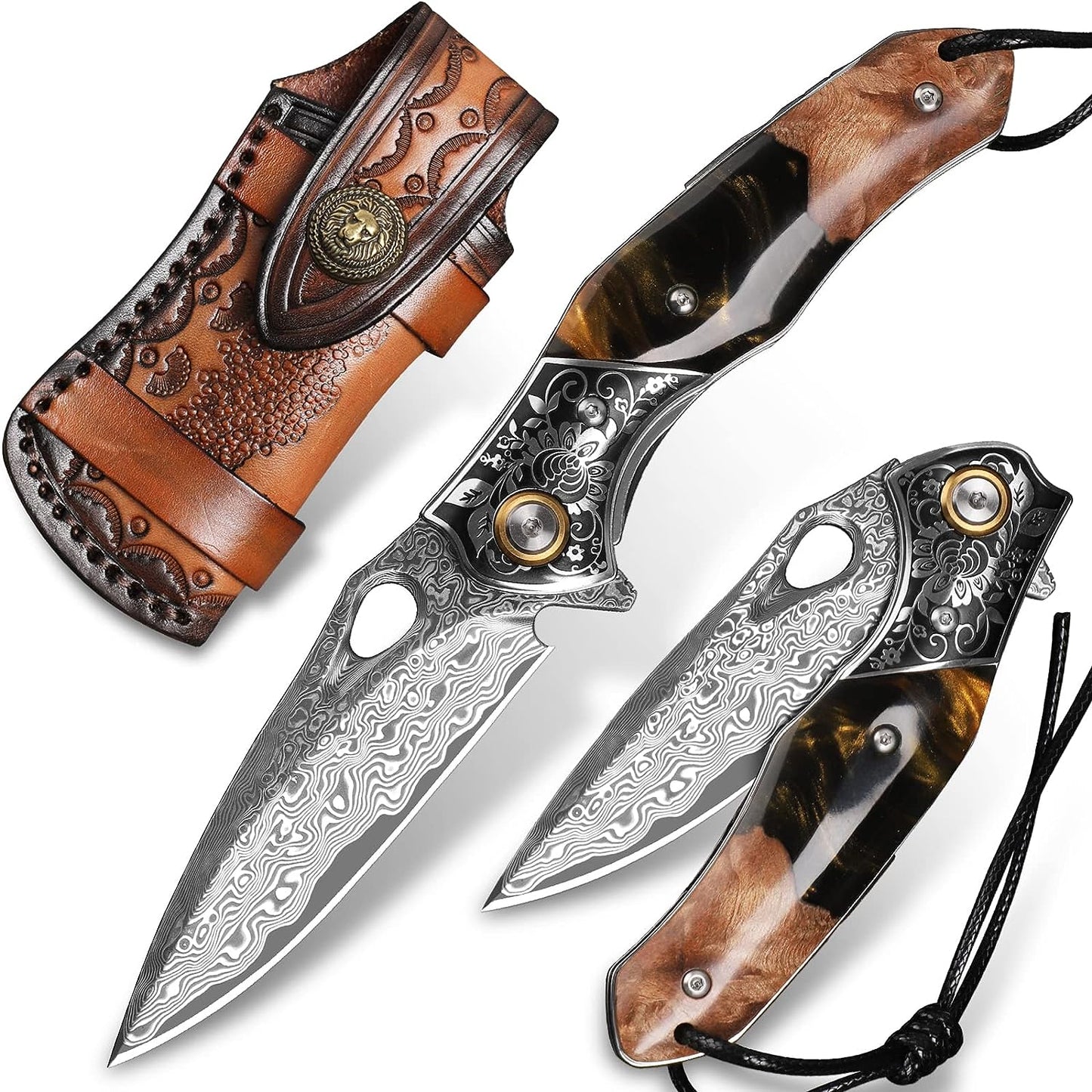 handmade Japan Damascus steel pocket knife,3.1" VG10 blade men and women Folding knife,With holster,Lining lock,resin and Maple handle,Suitable for EDC outdoor camping,go fishing hunting