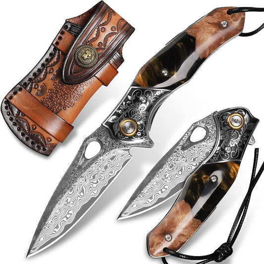 handmade Japan Damascus steel pocket knife，3.1" VG10 blade men and women Folding knife，With holster，Lining lock，resin and Maple handle，Suitable for EDC outdoor camping，go fishing hunting