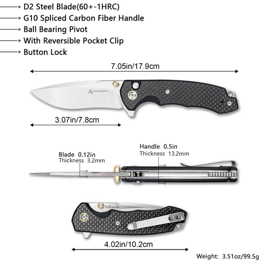 FORESAIL Flipper Folding Pocket knife,3in D2 Steel Blade and Carbon Fiber Handle,with pocket Clip.Button Lock Everyday Carry Knife for Men.Tactical knives,EDC knife camping use