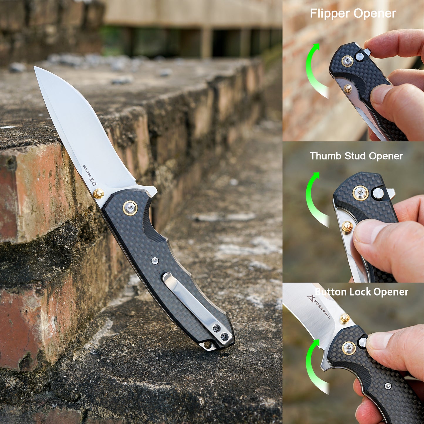 FORESAIL Flipper Folding Pocket knife,3in D2 Steel Blade and Carbon Fiber Handle,with pocket Clip.Button Lock Everyday Carry Knife for Men.Tactical knives,EDC knife camping use