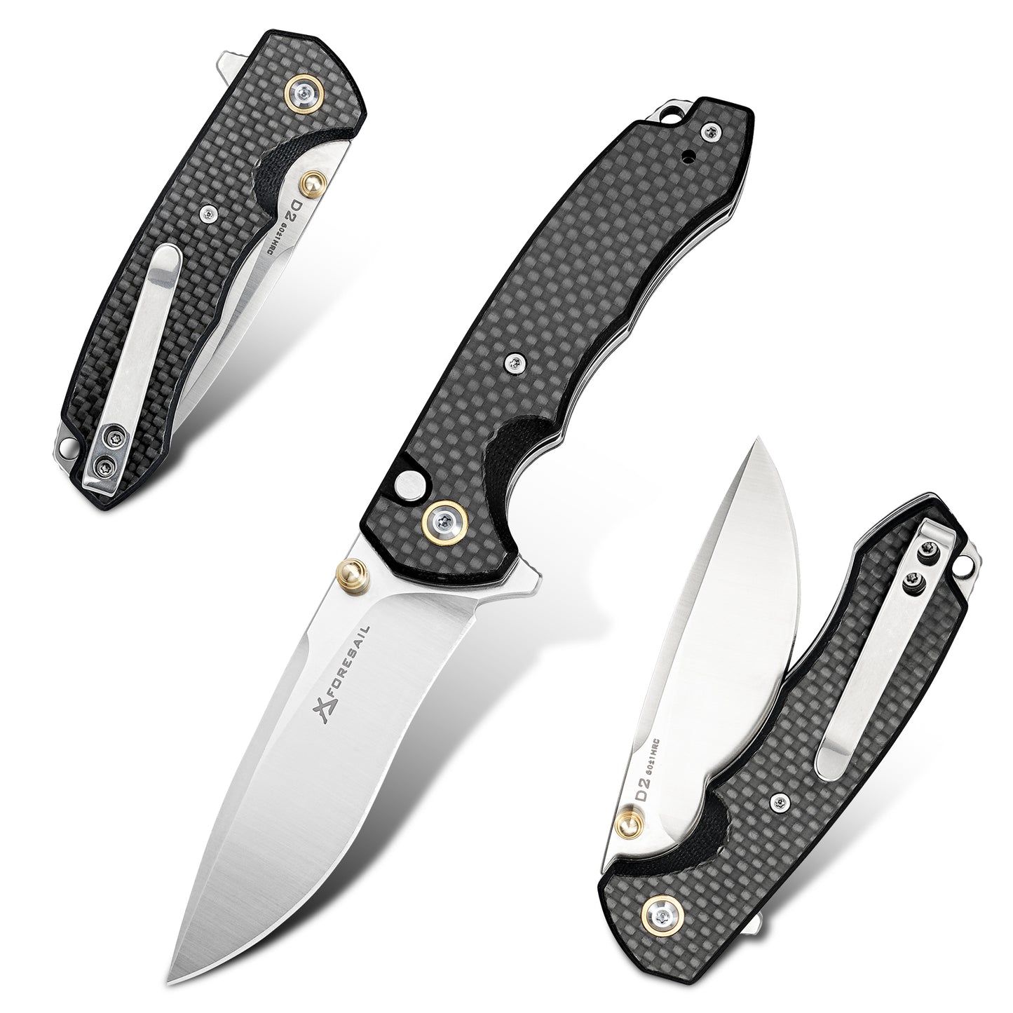 FORESAIL Flipper Folding Pocket knife,3in D2 Steel Blade and Carbon Fiber Handle,with pocket Clip.Button Lock Everyday Carry Knife for Men.Tactical knives,EDC knife camping use
