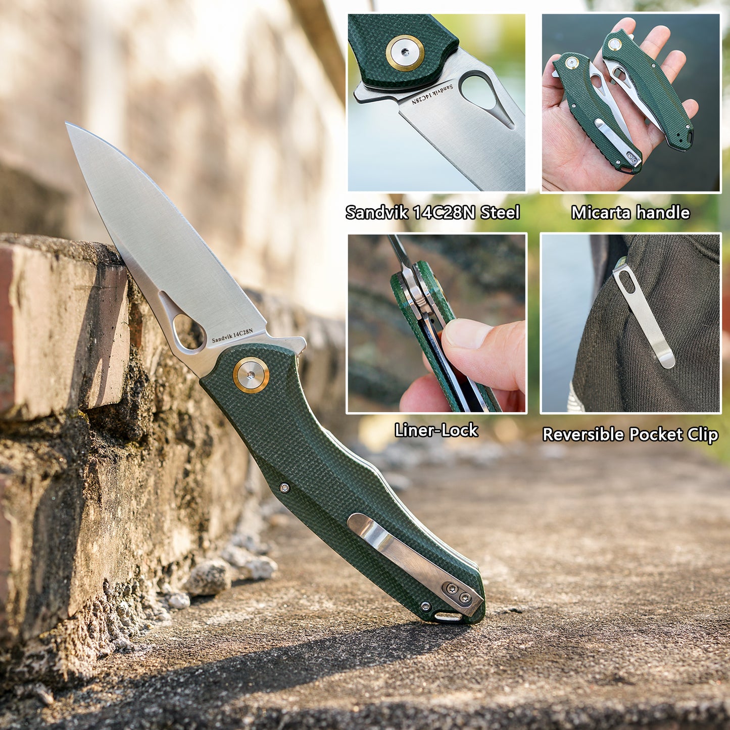 FORESAIL Practical Pocket knife made with 3.62inch14C28N blade and 4.8 inch Micarta handle with Reversible Deep-carry Pocket Clip, Flipper. For Outdoor Camping and Gift, EDC Knife