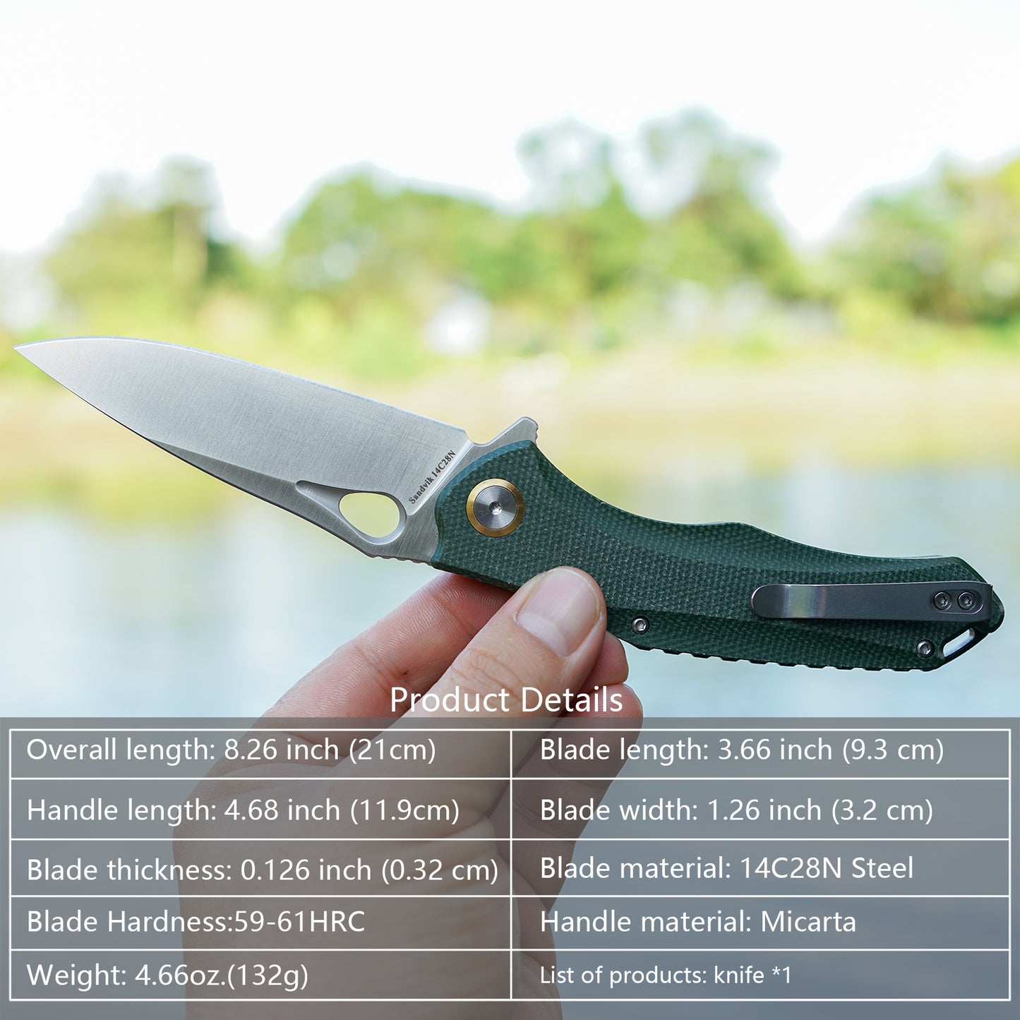 FORESAIL Practical Pocket knife made with 3.62inch14C28N blade and 4.8 inch Micarta handle with Reversible Deep-carry Pocket Clip, Flipper. For Outdoor Camping and Gift, EDC Knife