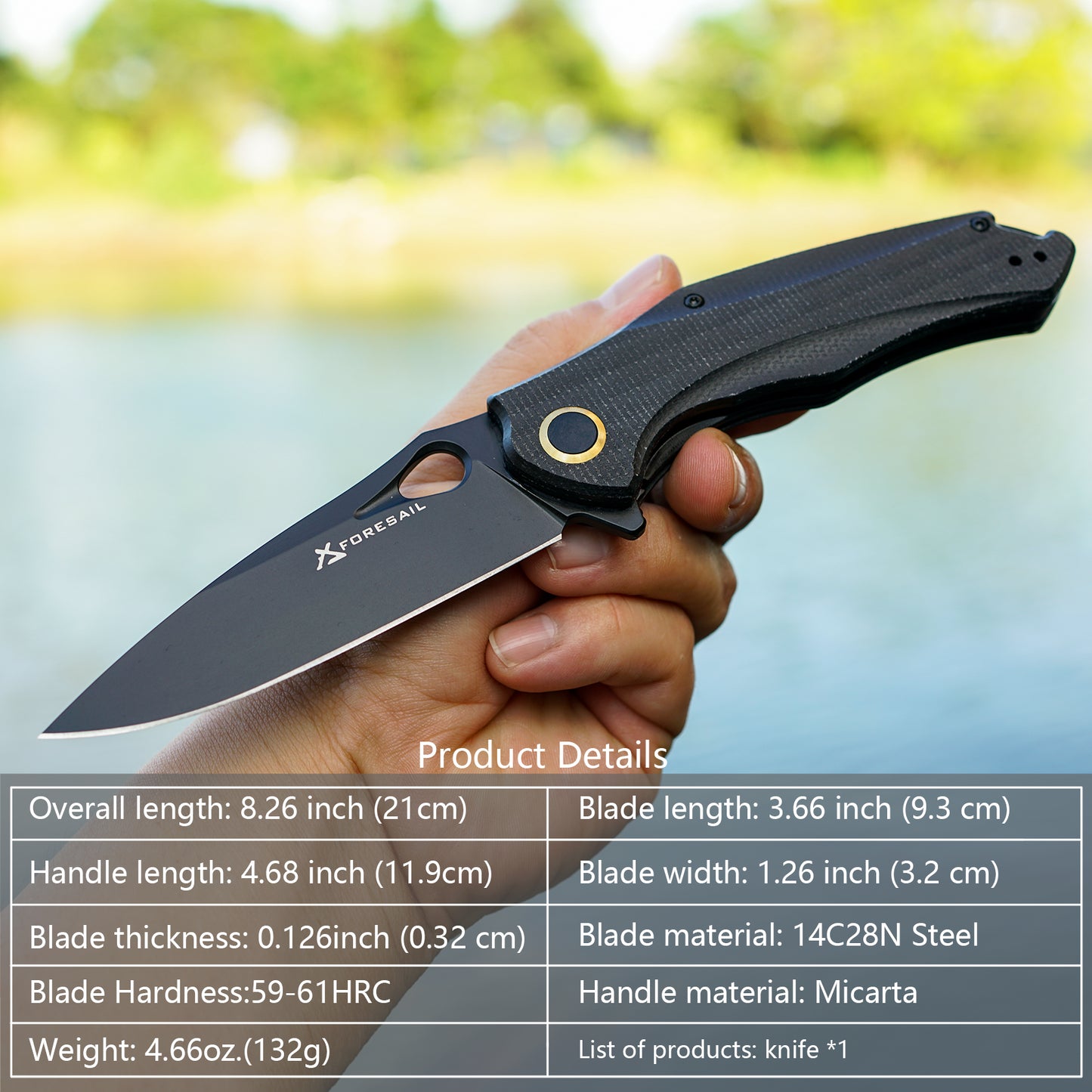 FORESAIL Practical Pocket knife made with 3.62inch 14C28N blade and 4.8inch Micarta handle with Reversible Deep-carry Pocket Clip, Flipper. For Outdoor Camping and Gift, EDC Knife