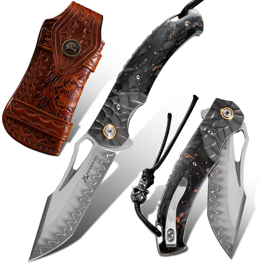 FORESAIL Flipper Folding Pocket Knife,SKD11 Steel Blade and Wood Handle. With leather case,men's Tactical pocket knife hiking trip EDC tool Knife. (Carbon Fiber Handle)