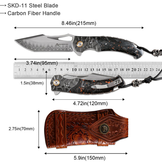 FORESAIL Flipper Folding Pocket Knife,SKD11 Steel Blade and Wood Handle. With leather case,men's Tactical pocket knife hiking trip EDC tool Knife. (Carbon Fiber Handle)