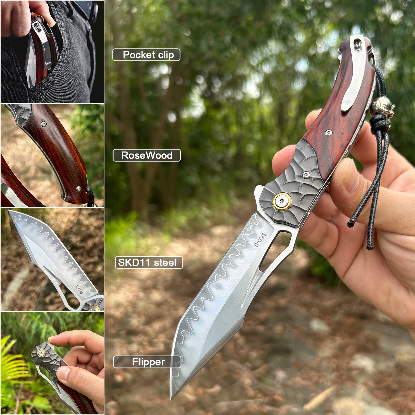 FORESAIL  Flipper Pocket Knife With Wood Handle (3.15" SKD11 Steel Blade)