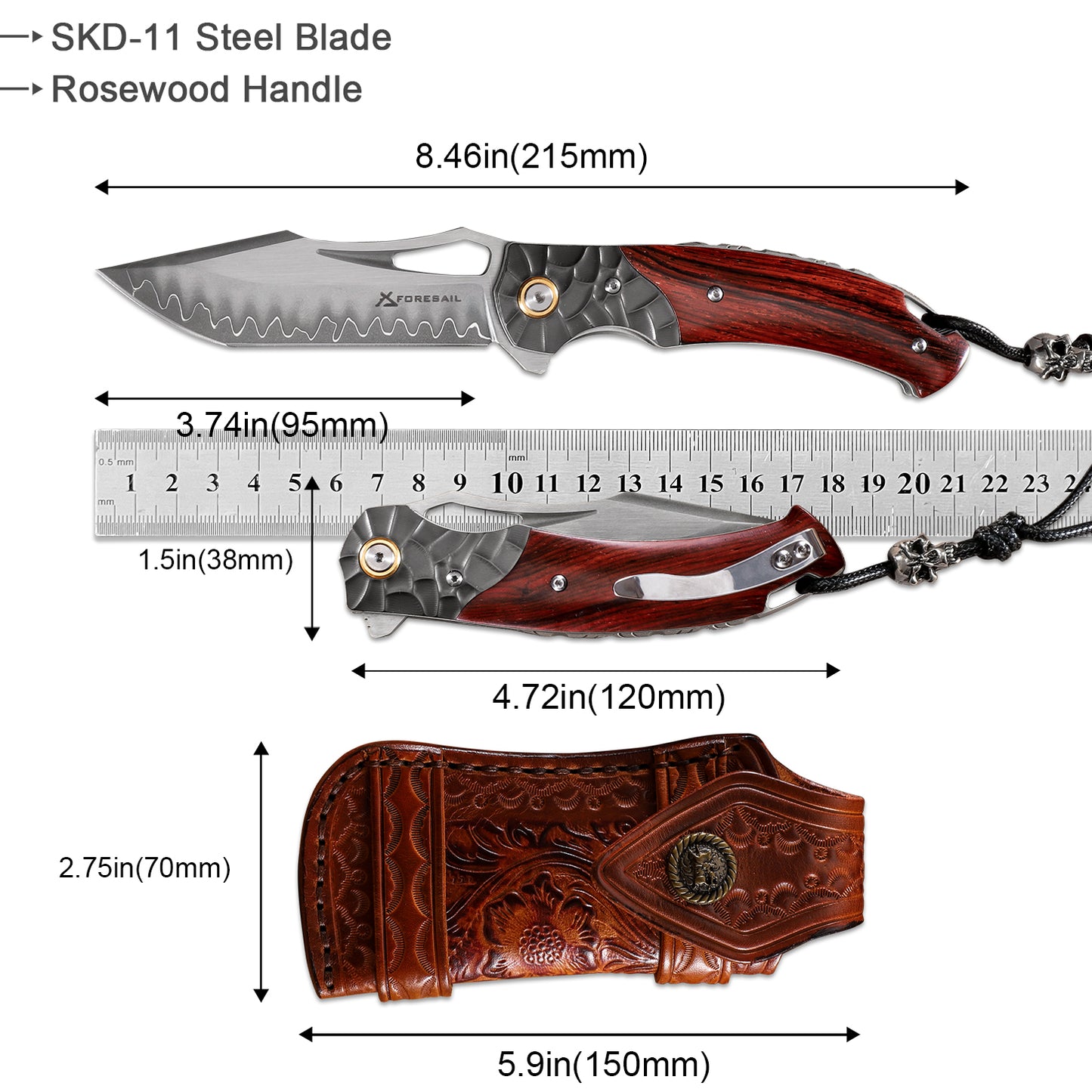 FORESAIL  Flipper Pocket Knife With Wood Handle (3.15" SKD11 Steel Blade)