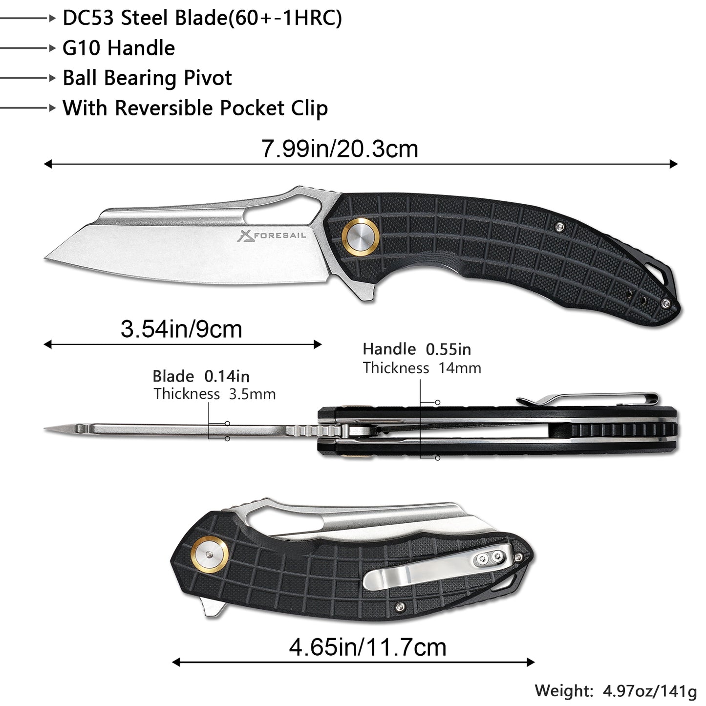 FORESAIL Folding Pocket Knife, 3.54" DC53 Steel Blade,4.65" G10 Handle, Liner Lock, Reversible Pocket Clip for Everyday Carry, Outdoor Activities