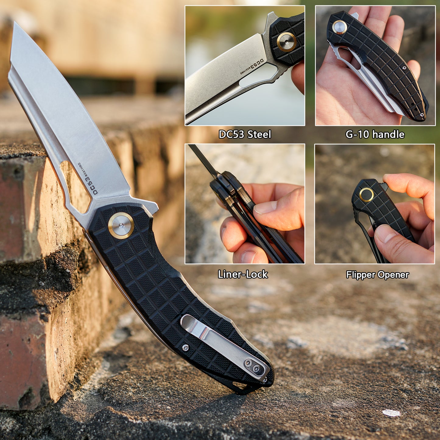 FORESAIL Folding Pocket Knife, 3.54" DC53 Steel Blade,4.65" G10 Handle, Liner Lock, Reversible Pocket Clip for Everyday Carry, Outdoor Activities