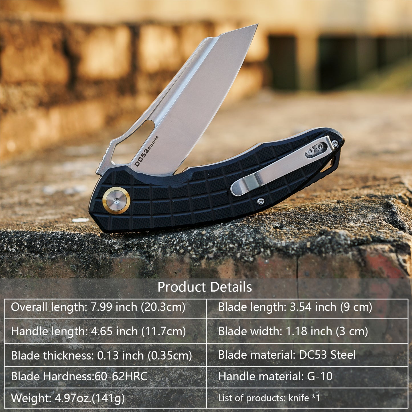 FORESAIL Folding Pocket Knife, 3.54" DC53 Steel Blade,4.65" G10 Handle, Liner Lock, Reversible Pocket Clip for Everyday Carry, Outdoor Activities