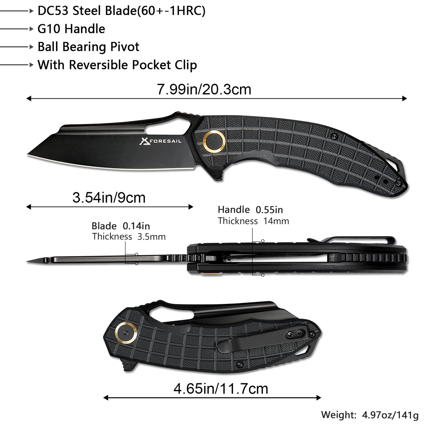 FORESAIL Folding Pocket Knife, 3.54" DC53 Steel Blade,4.65" G10 Handle, Liner Lock, Reversible Pocket Clip for Everyday Carry, Outdoor Activities