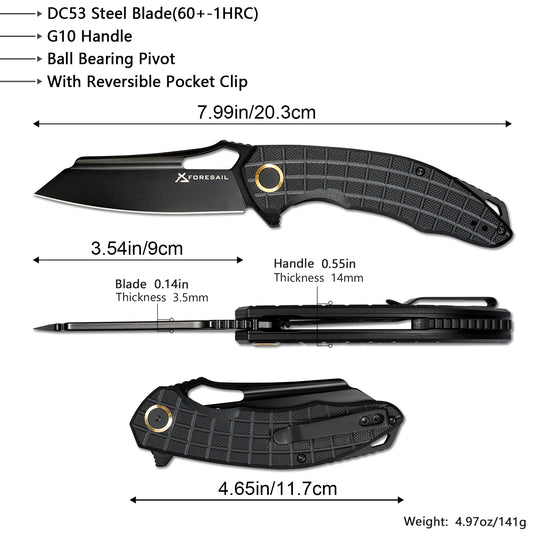 FORESAIL Folding Pocket Knife, 3.54" DC53 Steel Blade,4.65" G10 Handle, Liner Lock, Reversible Pocket Clip for Everyday Carry, Outdoor Activities