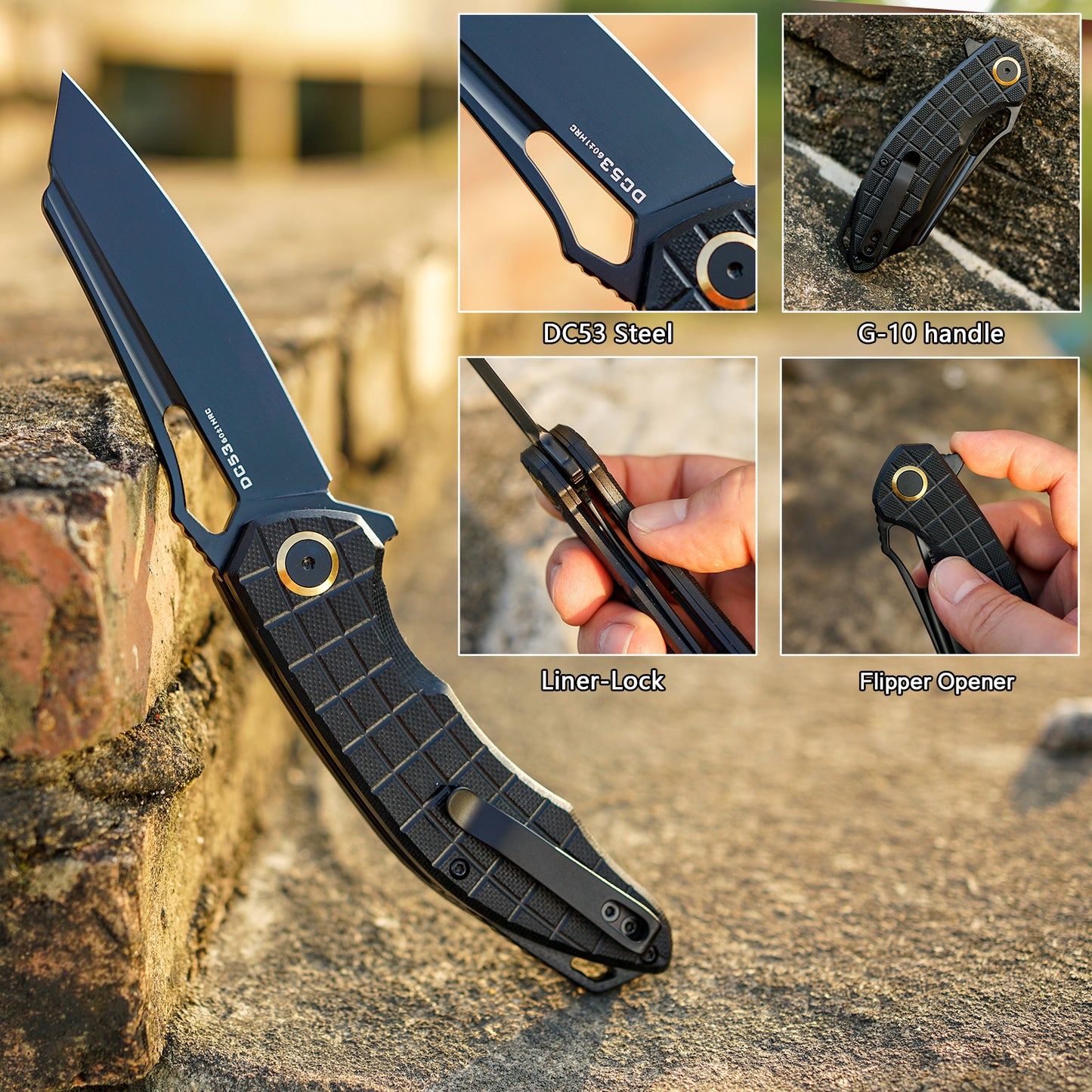 FORESAIL Folding Pocket Knife, 3.54" DC53 Steel Blade,4.65" G10 Handle, Liner Lock, Reversible Pocket Clip for Everyday Carry, Outdoor Activities