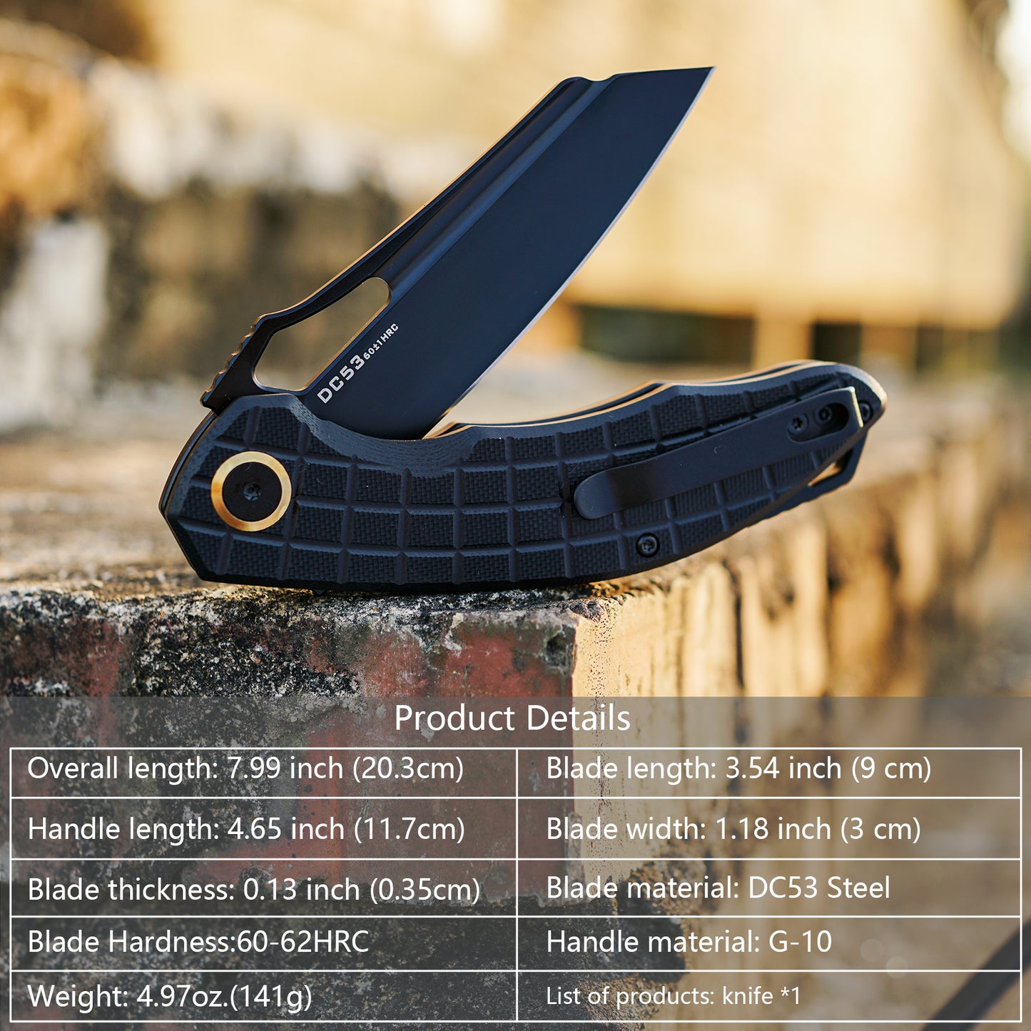 FORESAIL Folding Pocket Knife, 3.54" DC53 Steel Blade,4.65" G10 Handle, Liner Lock, Reversible Pocket Clip for Everyday Carry, Outdoor Activities