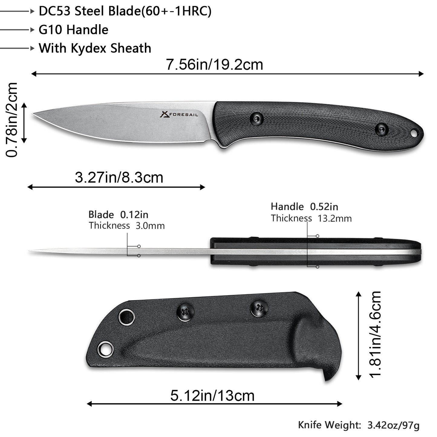 FORESAIL Small Fixed Blade Knife,3.27inch DC53 Steel Blade and G10 Handle,with Kydex Sheath,Fixed EDC Tactical Knife for Men Women,Outdoor Hiking Camping Knives