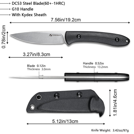 FORESAIL Small Fixed Blade Knife,3.27inch DC53 Steel Blade and G10 Handle,with Kydex Sheath,Fixed EDC Tactical Knife for Men Women,Outdoor Hiking Camping Knives
