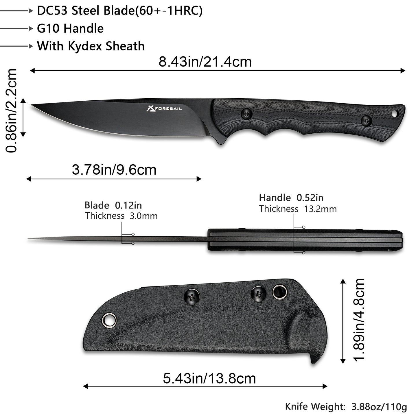 FORESAIL Fixed Blade Knife,3.86inch DC53 Steel Blade and G10 Handle,with Kydex Sheath,Fixed Blade EDC Tactical Knife for Men Women, Outdoor Hunting Hiking Survival Camping Knives.
