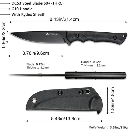 FORESAIL Fixed Blade Knife,3.86inch DC53 Steel Blade and G10 Handle,with Kydex Sheath,Fixed Blade EDC Tactical Knife for Men Women, Outdoor Hunting Hiking Survival Camping Knives.
