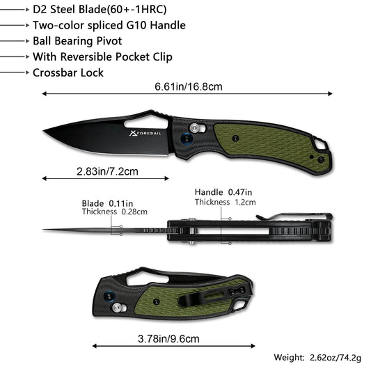 Pocket Folding Knife, 2.83in D2 Steel Blade and G10 Handle, Axis Lock,EDC Knife for Camping Hiking Daily Use.