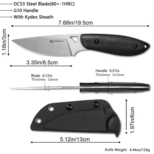 Fixed Blade Knife with Kydex Sheath.3.35in DC53 Blade EDC Camping Fixed Blade Knife with G10 Handle, Small Bushcraft Survival Knives, Outdoor Hunting Knives for Men Women