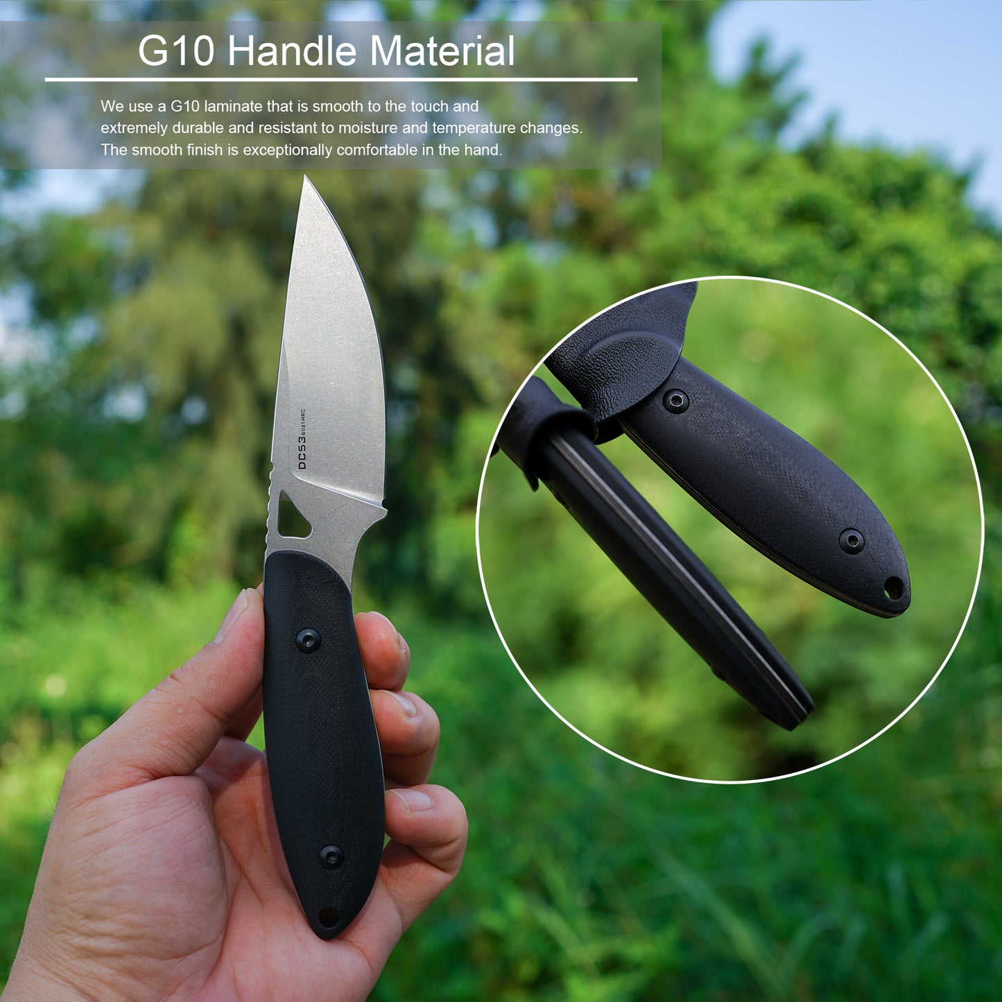Fixed Blade Knife with Kydex Sheath.3.35in DC53 Blade EDC Camping Fixed Blade Knife with G10 Handle, Small Bushcraft Survival Knives, Outdoor Hunting Knives for Men Women
