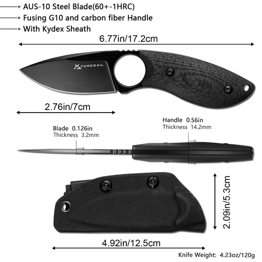FORESAIL Small Fixed Blade Knife,With AUS-10 Steel Blade. new material handle made by fusing G10 and carbon fiber,with Kydex Sheath,Fixed Blade EDC Knife for Men Women, Outdoor Hunting Hiking Camping Knives