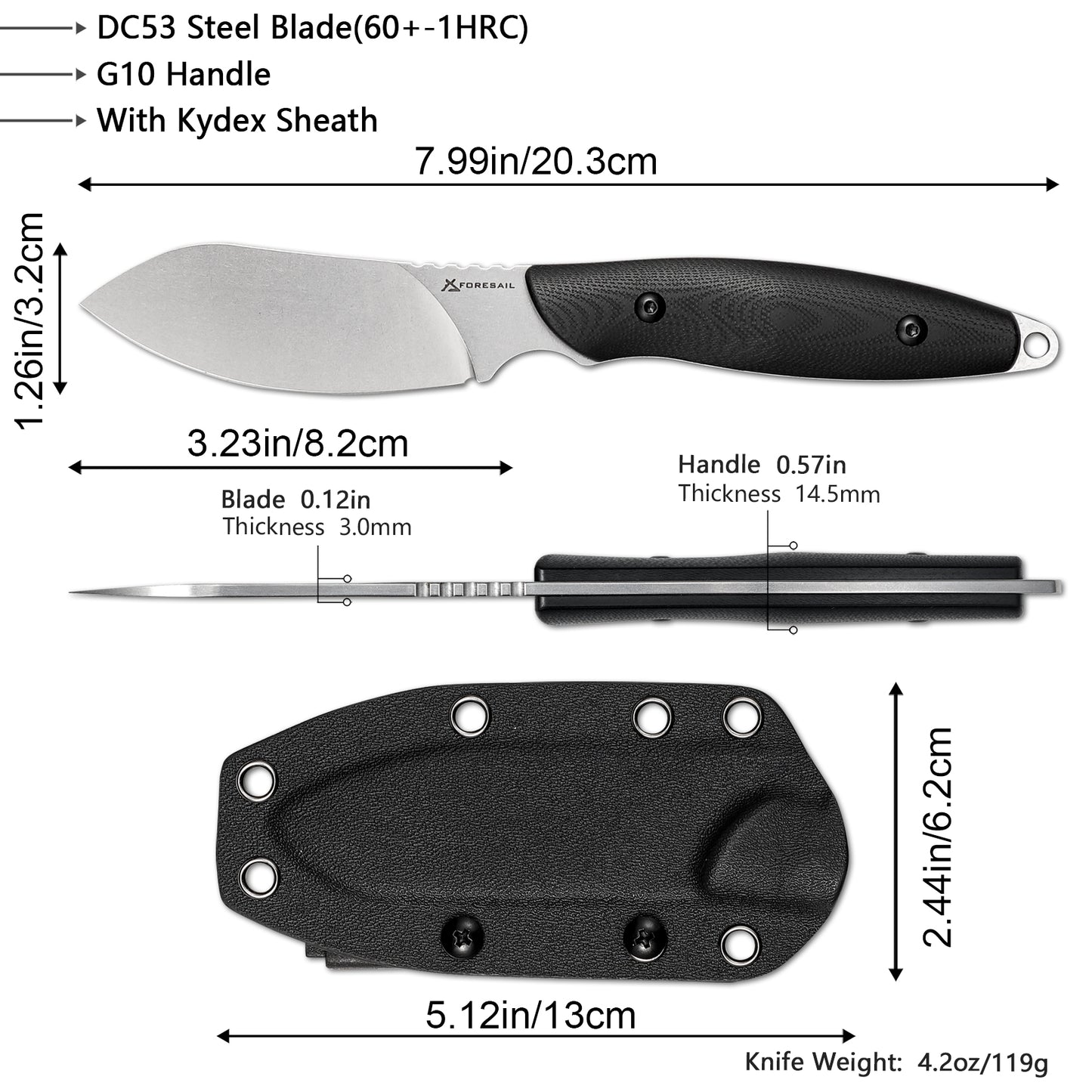 FORESAIL Fixed Blade Knife,DC53 Steel Blade and G10 Handle,with Kydex Sheath,Fixed Blade EDC Tactical Knife for Men Women, Outdoor Hunting Hiking Survival Camping Knives.