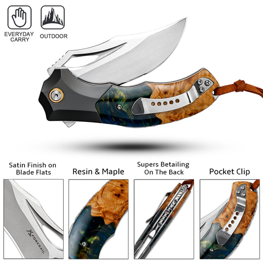 FORESAIL Handcrafted Folding Pocket Knife for EDC, 3.54"DC53 Steel Blade,Wood Handle DC53 Steel Blade,Resin maple wood handle,with pocket clip.Sharp Knife for Hiking Camping, Fishing,Outdoor,Men & Women
