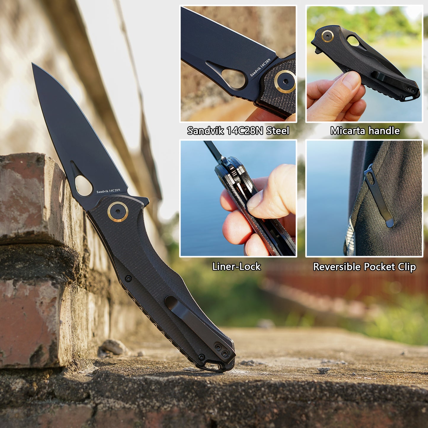 FORESAIL Practical Pocket knife made with 3.62inch 14C28N blade and 4.8inch Micarta handle with Reversible Deep-carry Pocket Clip, Flipper. For Outdoor Camping and Gift, EDC Knife