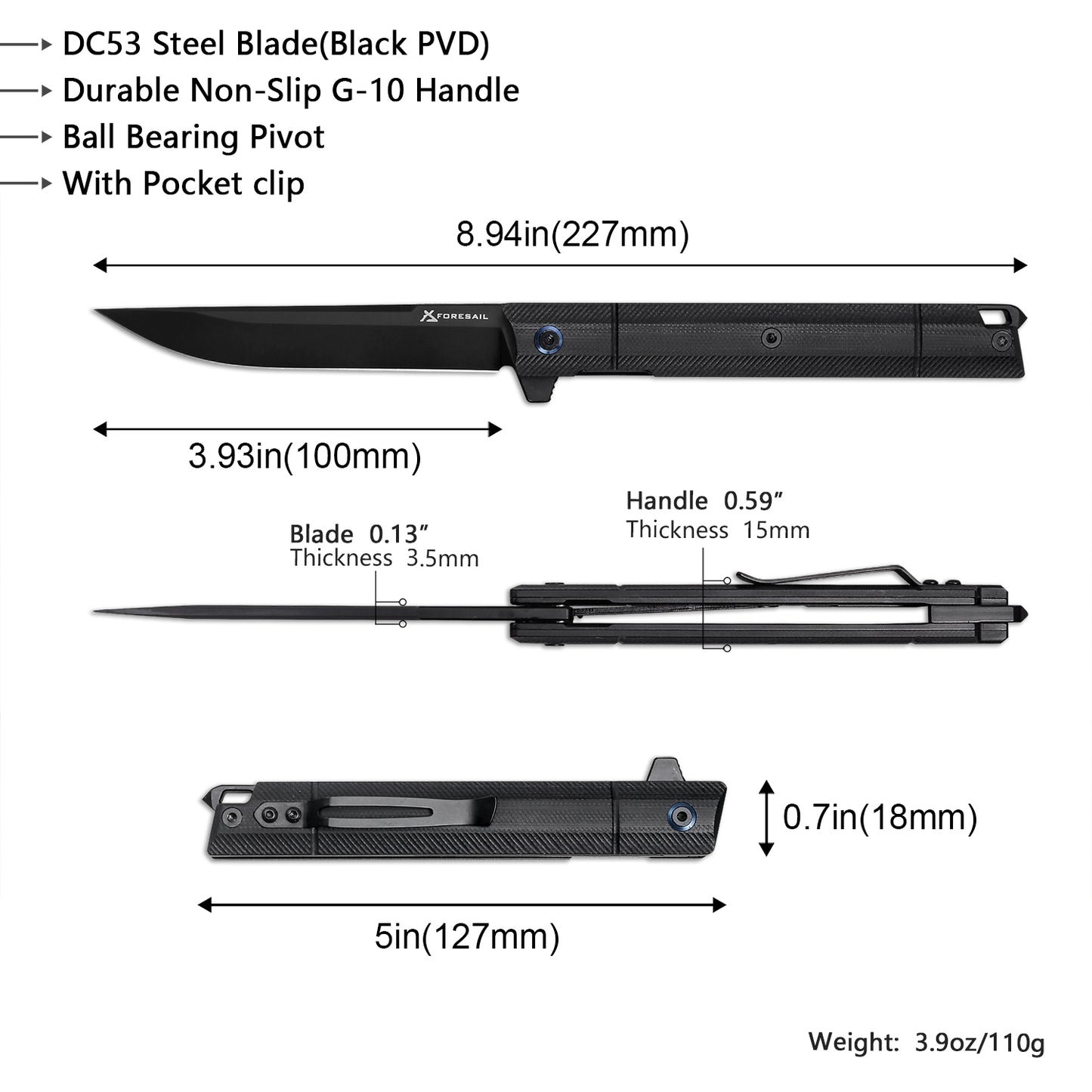 FORESAIL  Flipper Pocket Knife With G10 Handle (3.93 in DC53 Steel Black PVD Blade)