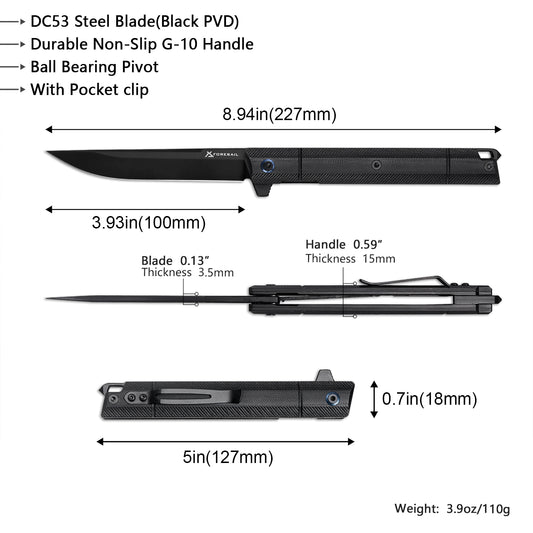 FORESAIL  Flipper Pocket Knife With G10 Handle (3.93 in DC53 Steel Black PVD Blade)