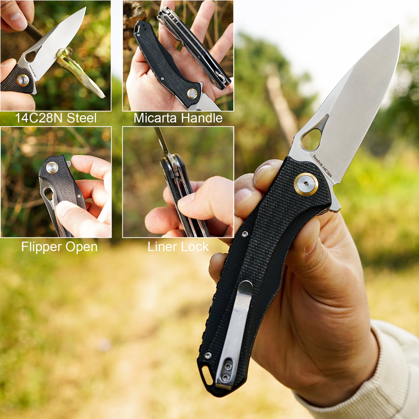 FORESAIL Practical Pocket knife made with 3.62inch14C28N blade and 4.8inch Micarta handle with Reversible Deep-carry Pocket Clip, Flipper. For Outdoor Camping and Gift, EDC Knife