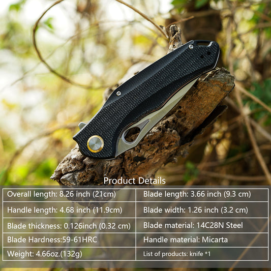 FORESAIL Practical Pocket knife made with 3.62inch14C28N blade and 4.8inch Micarta handle with Reversible Deep-carry Pocket Clip, Flipper. For Outdoor Camping and Gift, EDC Knife