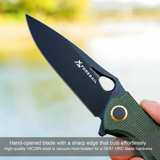 FORESAIL Practical Pocket knife made with 3.62inch14C28N blade and 4.8 inch Micarta handle with Reversible Deep-carry Pocket Clip, Flipper. For Outdoor Camping and Gift, EDC Knife