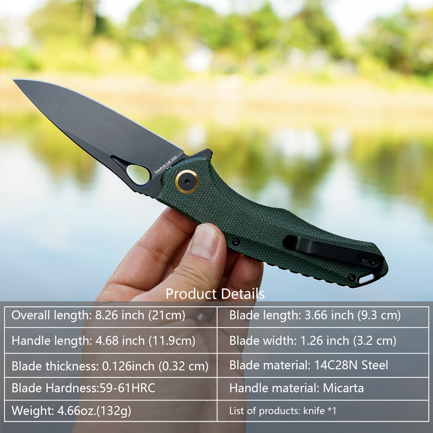 FORESAIL Practical Pocket knife made with 3.62inch14C28N blade and 4.8 inch Micarta handle with Reversible Deep-carry Pocket Clip, Flipper. For Outdoor Camping and Gift, EDC Knife