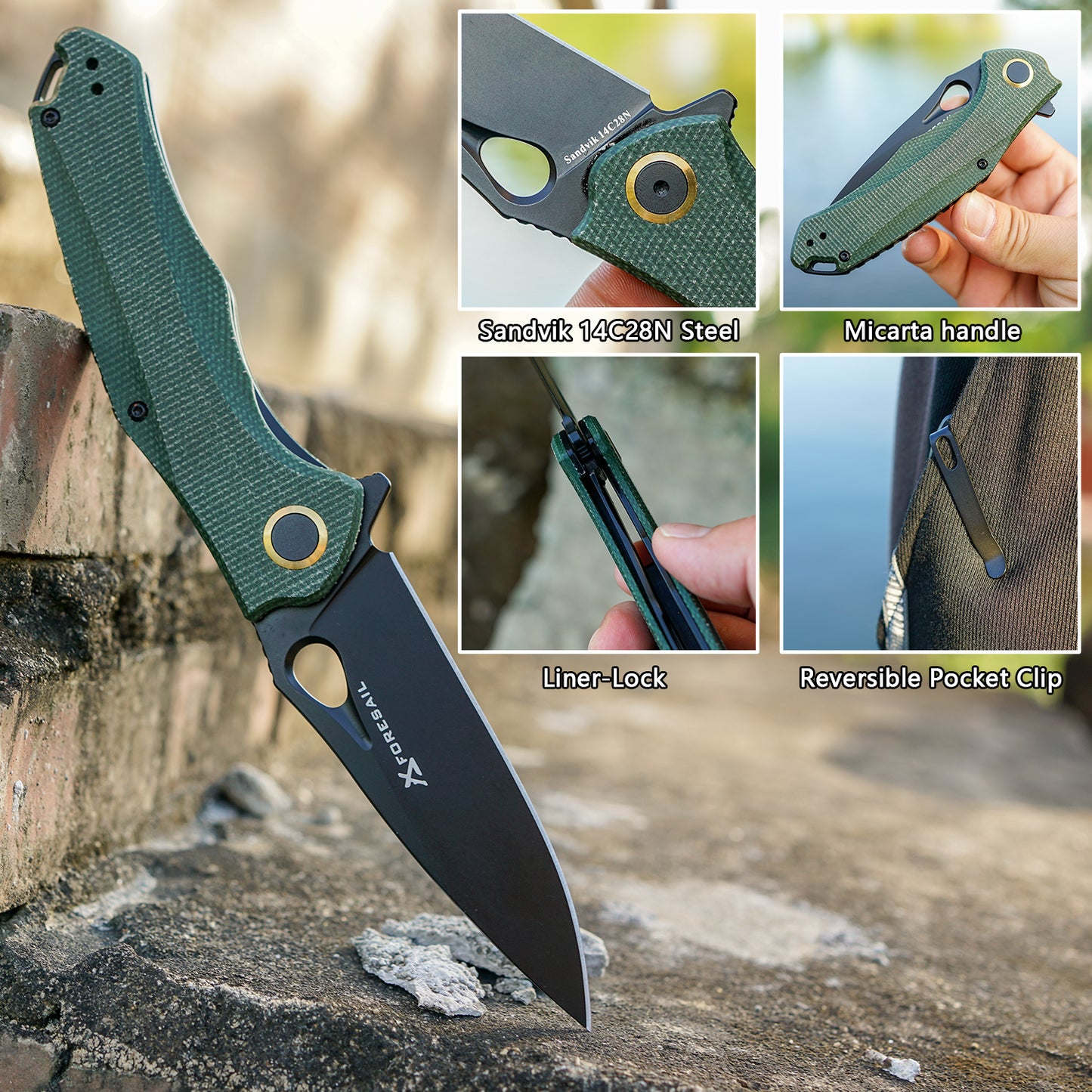 FORESAIL Practical Pocket knife made with 3.62inch14C28N blade and 4.8 inch Micarta handle with Reversible Deep-carry Pocket Clip, Flipper. For Outdoor Camping and Gift, EDC Knife