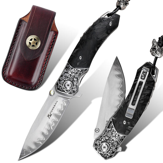 FORESAIL Flipper Pocket Folding Knife,SKD11 Steel Blade and Wood Handle. With leather case,men's pocket knife hiking trip EDC tool Knife. (Carbon Fiber Handle)
