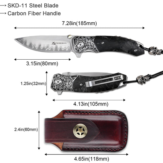 FORESAIL Flipper Pocket Folding Knife,SKD11 Steel Blade and Wood Handle. With leather case,men's pocket knife hiking trip EDC tool Knife. (Carbon Fiber Handle)