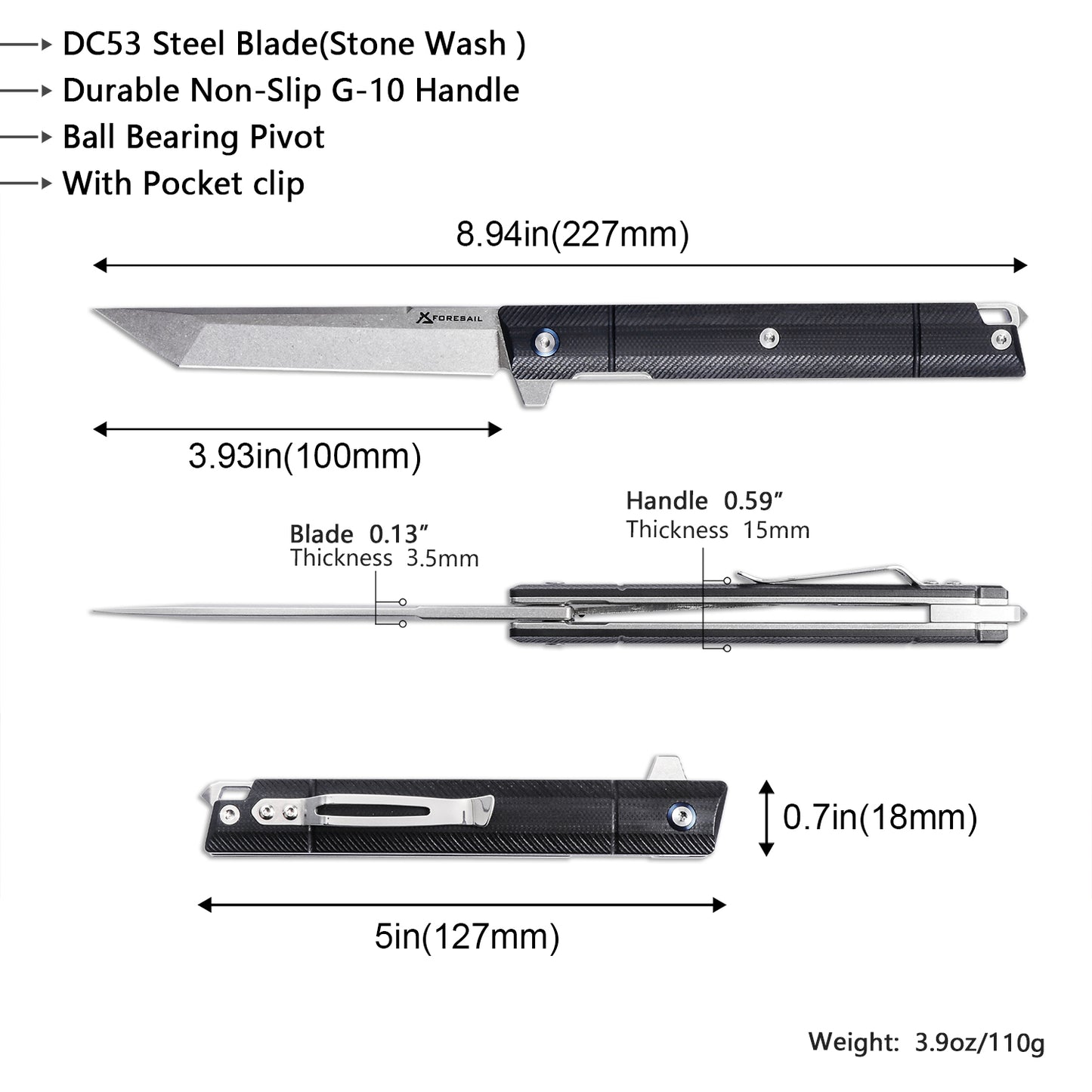 FORESAIL  Flipper Pocket Knife With G10 Handle (3.86 in DC53 Steel )