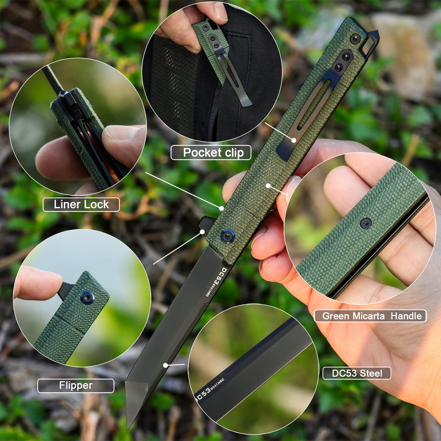 FORESAIL Folding pocket knives PVD DC53 Steel Blade Green Micarta Handle Outdoor Camping EDC knife