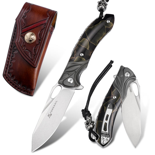 FORESAIL M390 Steel Flipper Pocket Knife（With Wood Handle and Real Leather Sheath)