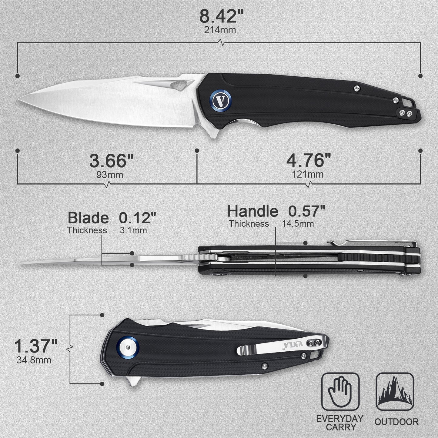 VNLA Folding Pocket Knife.with Flipper Opening,Sandvik 14C28N Blade, G10 Handle,with Pocket Clip,for Men Women,Sharp Outdoor Tool EDC Knives