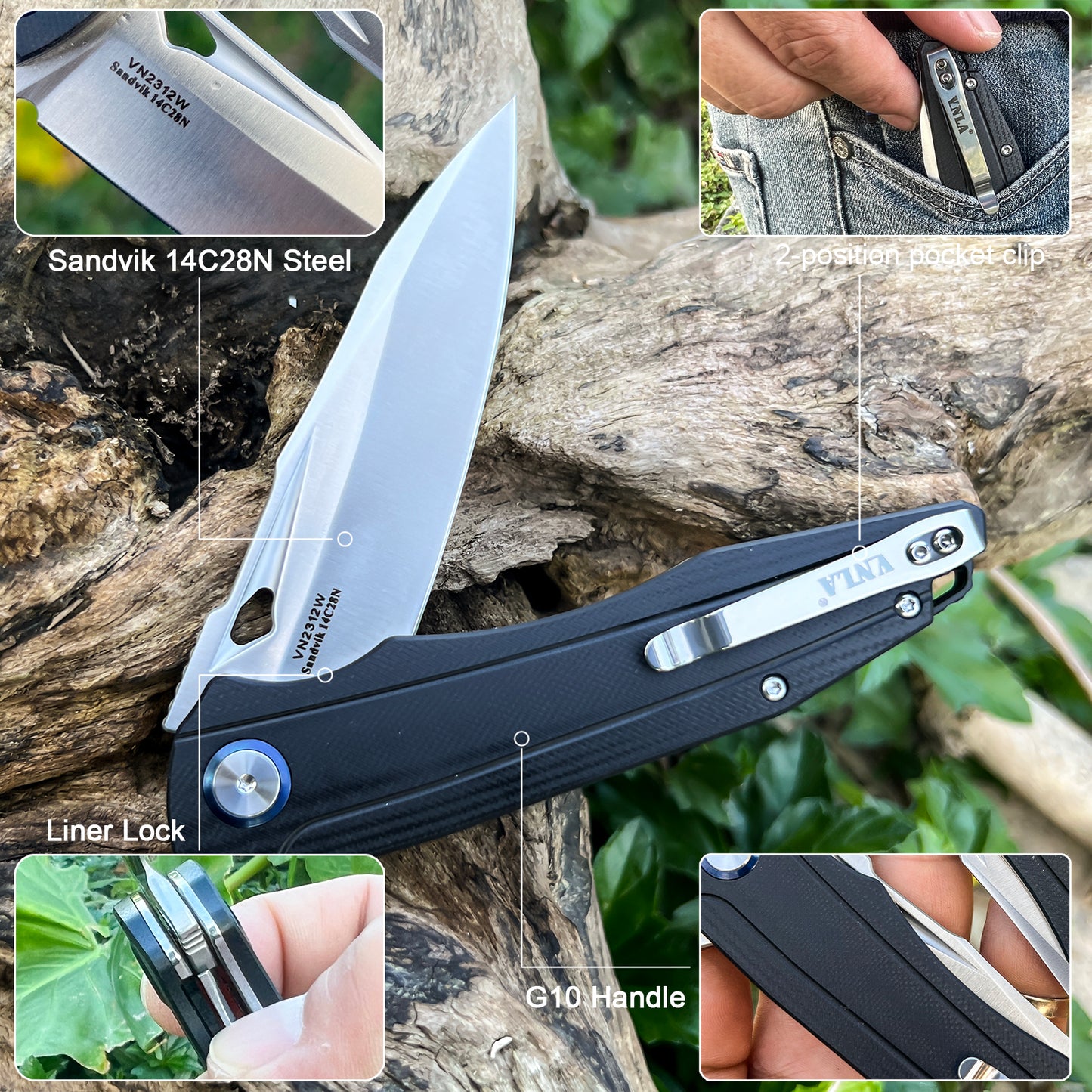 VNLA Folding Pocket Knife.with Flipper Opening,Sandvik 14C28N Blade, G10 Handle,with Pocket Clip,for Men Women,Sharp Outdoor Tool EDC Knives
