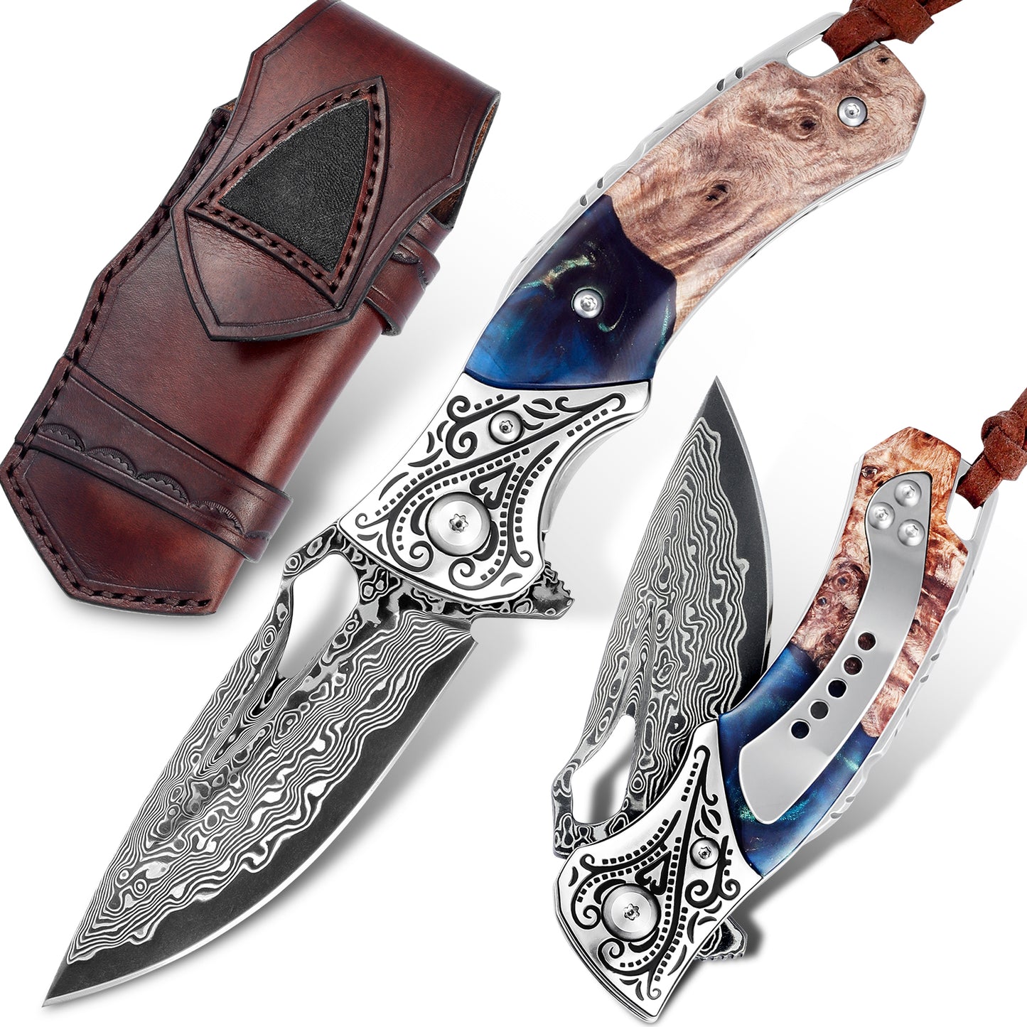 handmade Japan Damascus steel pocket knife,3.1" VG10 blade men and women Folding knife,With holster,Lining lock,resin and Maple handle,Suitable for EDC outdoor camping