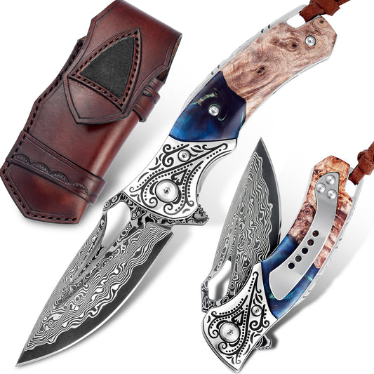 handmade Japan Damascus steel pocket knife，3.1" VG10 blade men and women Folding knife，With holster，Lining lock，resin and Maple handle，Suitable for EDC outdoor camping