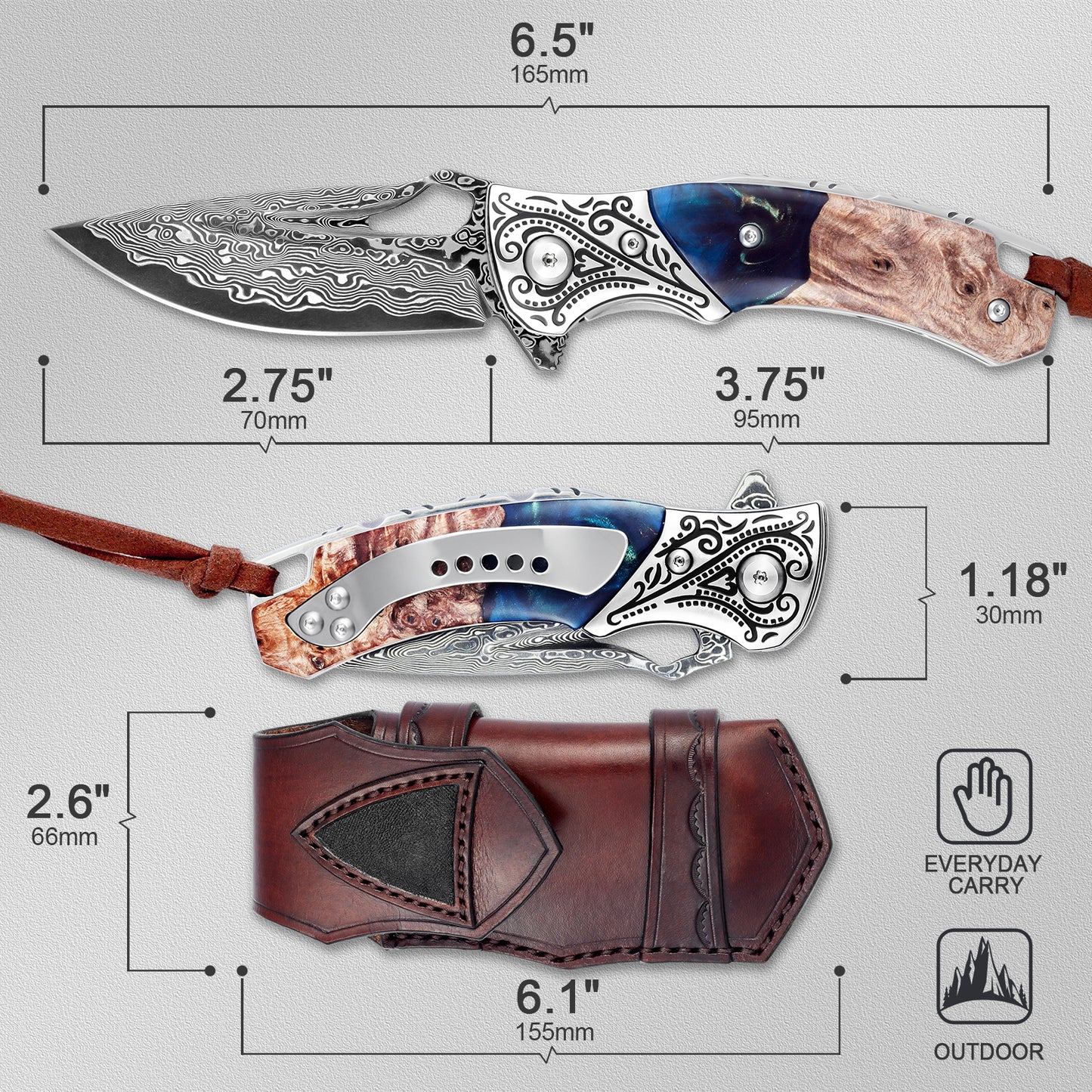 handmade Japan Damascus steel pocket knife,3.1" VG10 blade men and women Folding knife,With holster,Lining lock,resin and Maple handle,Suitable for EDC outdoor camping