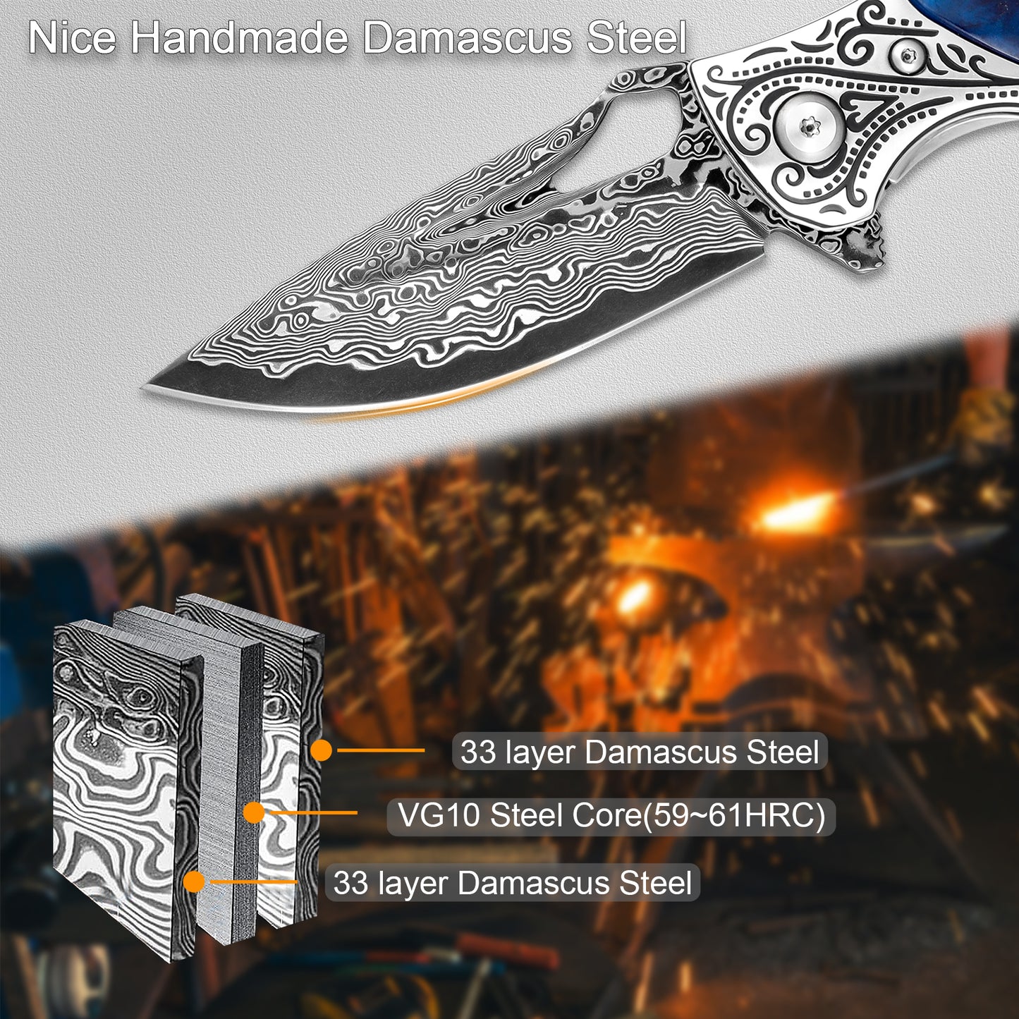 handmade Japan Damascus steel pocket knife,3.1" VG10 blade men and women Folding knife,With holster,Lining lock,resin and Maple handle,Suitable for EDC outdoor camping