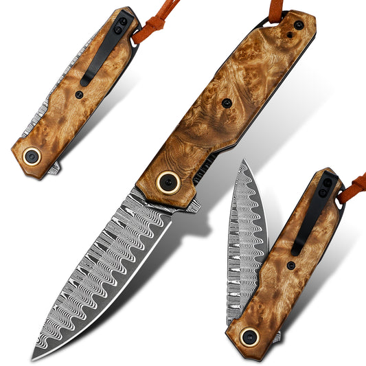 handmade Japan Damascus steel pocket knife,VG10 blade men and women Folding knife,With holster,Lining lock,Maple handle,Suitable for EDC outdoor camping,go fishing hunting